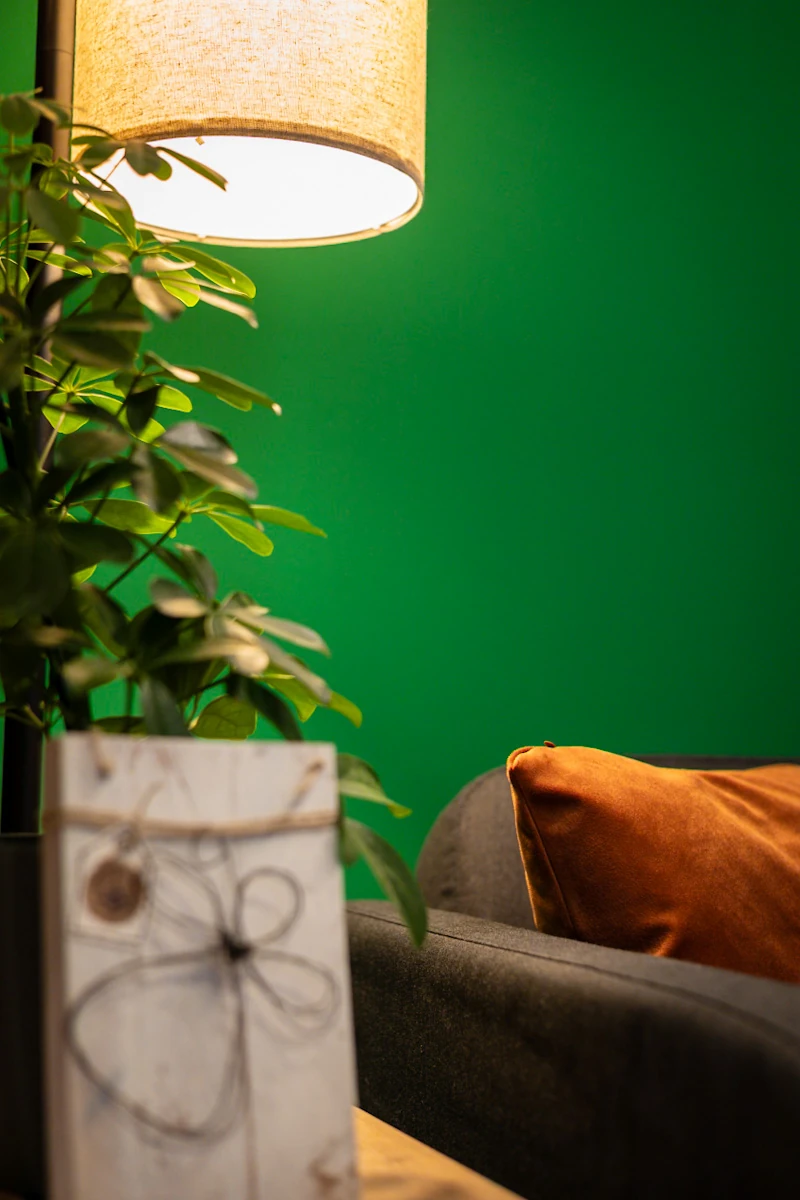 Warmes Licht und Sofa mit Samtkissen bei OhrPunkt